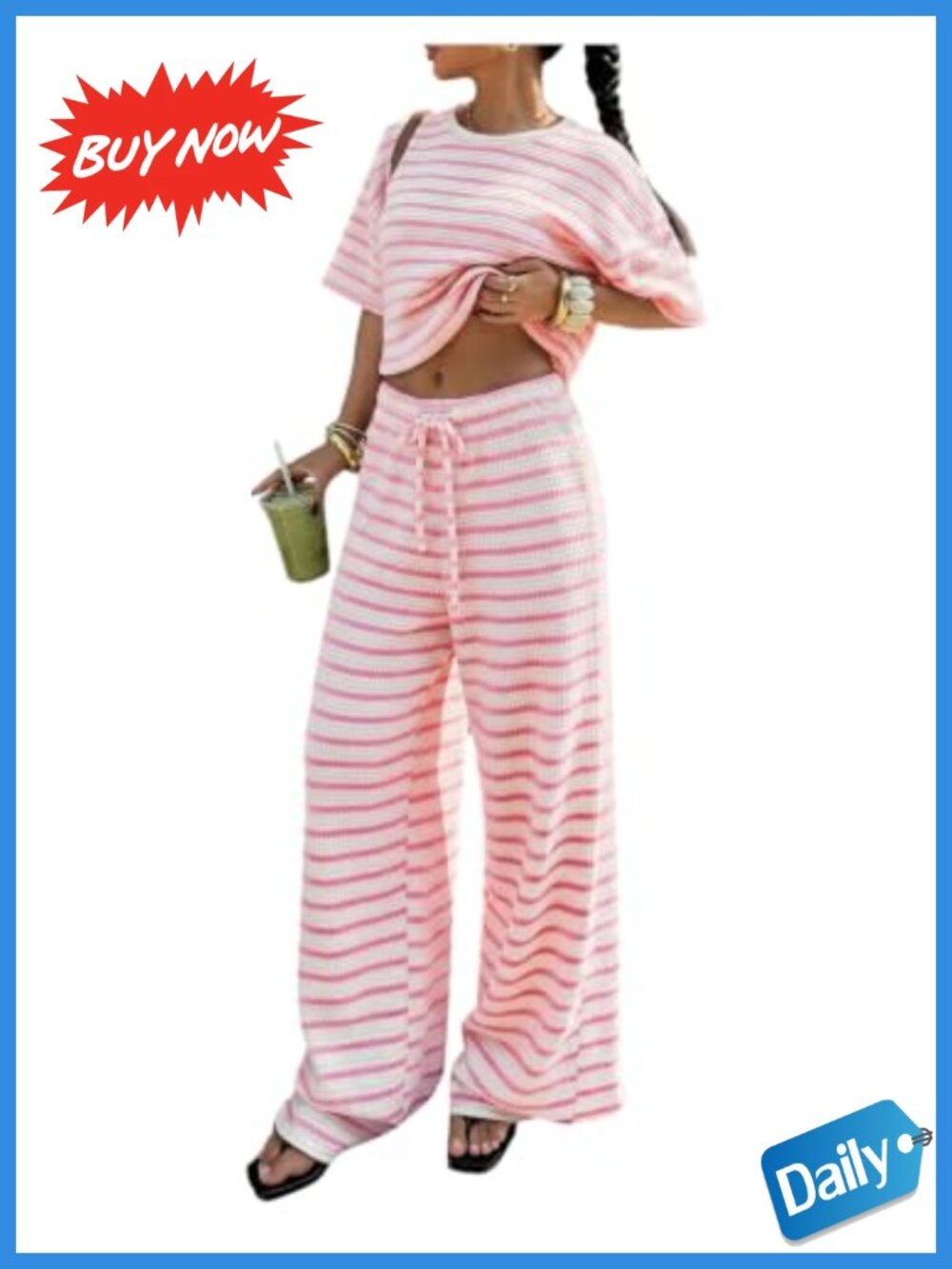 Verdusa Women's 2 Piece Lounge Set Striped Short Sleeve Wide Leg Pants